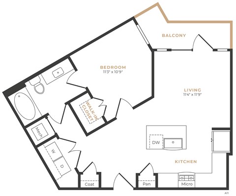 A floor plan of an apartment with a bedroom, living room, kitchen, and bathroom.